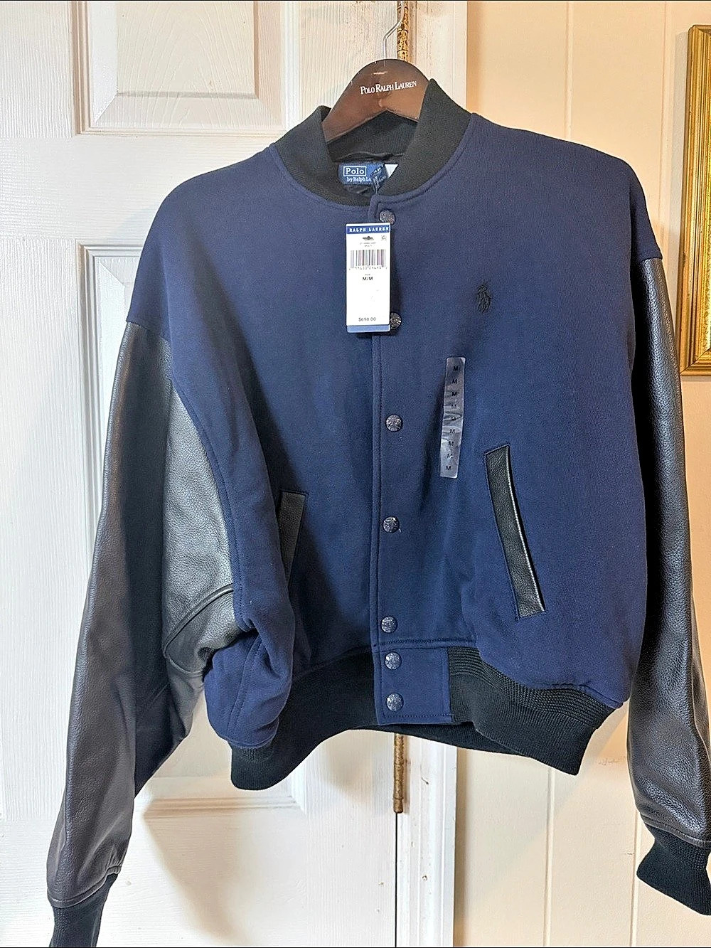Polo Ralph Lauren Leather-Sleeve Fleece Baseball Jacket Blue & Black Medium